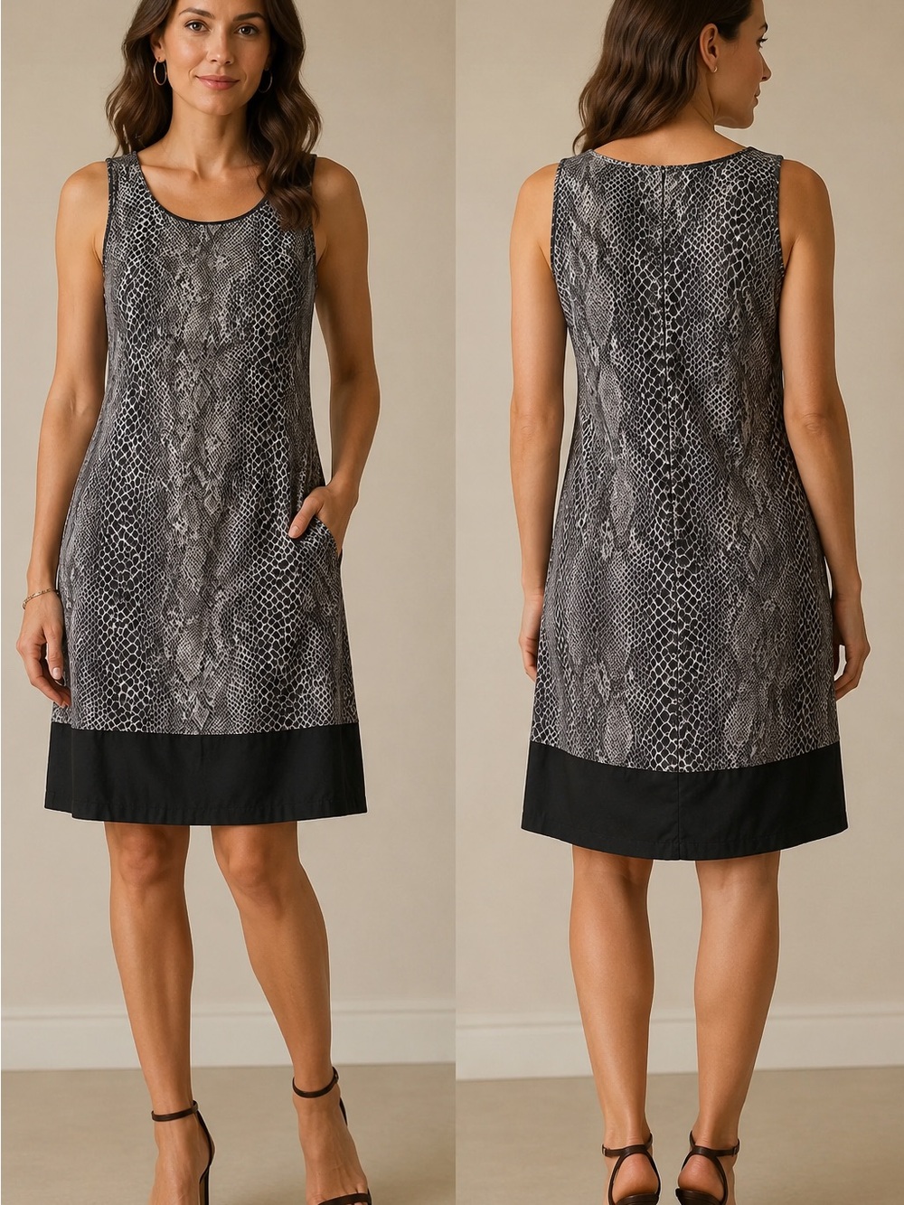 Sleeveless Snake-Print Shift Dress with Black Hem